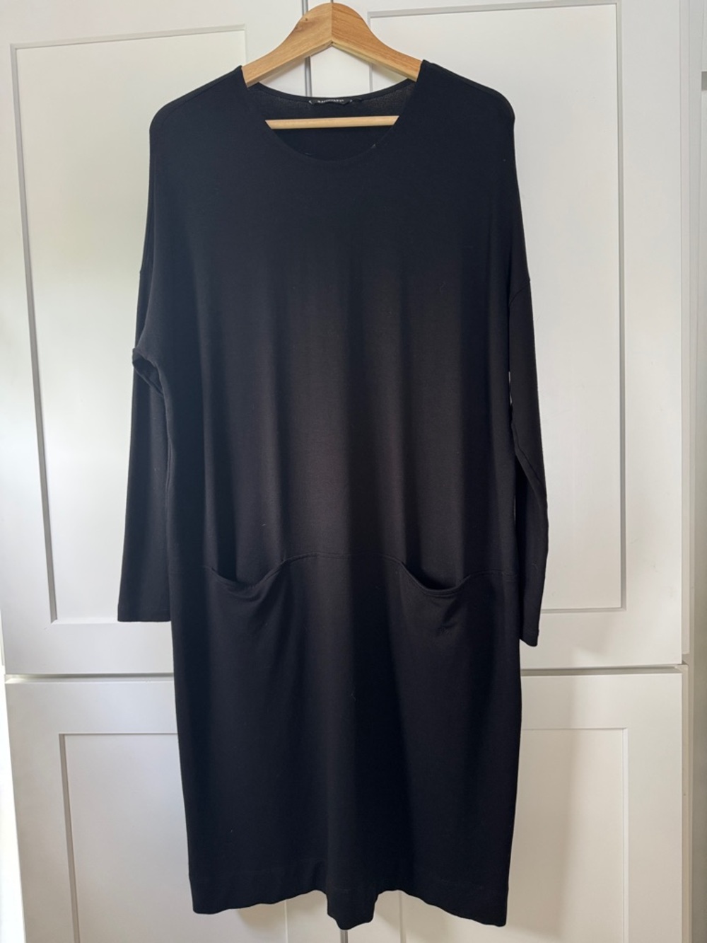 Marimekko Vintage Long Sleeved Midi Black Shift Dress with Pockets “Pekku” Sz M